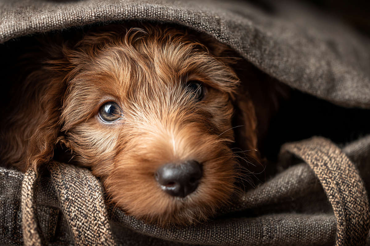 Un rincón de salón preparado para la llegada del cachorro con cama, juguetes y comederos Un rincón de salón preparado para la llegada del cachorro con cama, juguetes y comederos