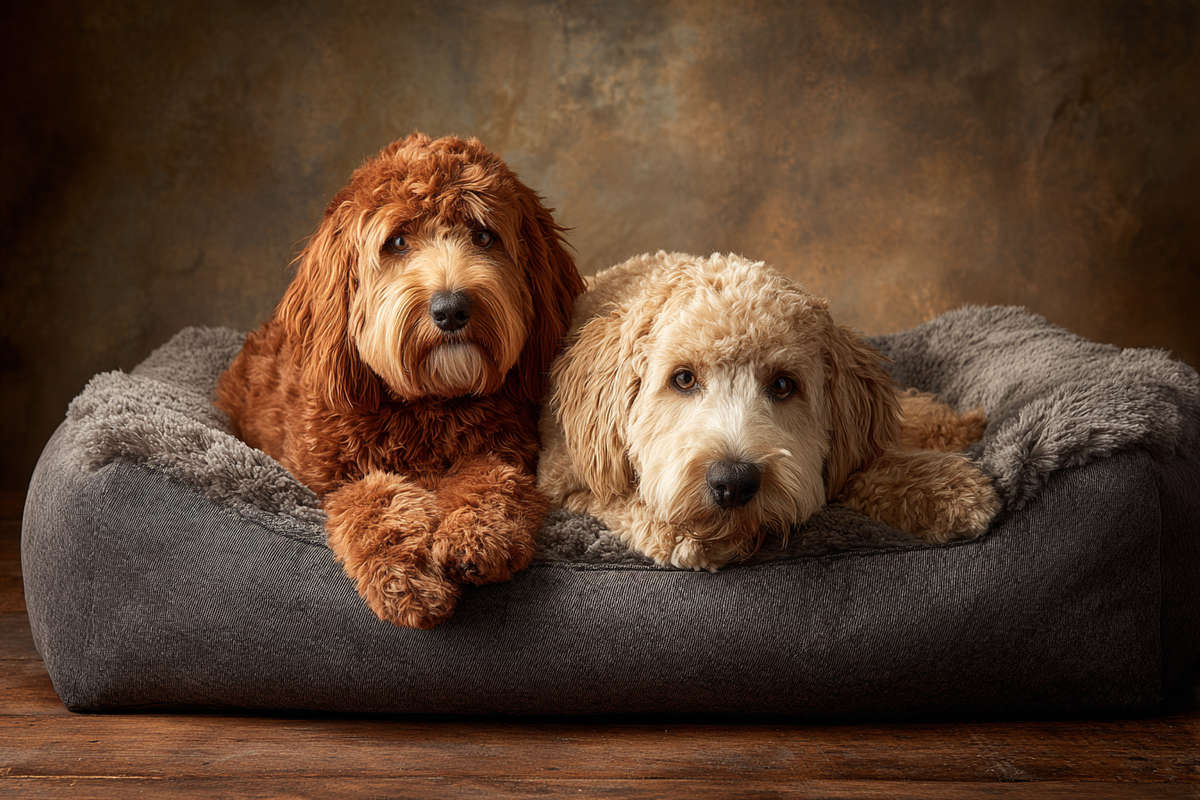 Cachorro de Australian Labradoodle olisqueando el césped por primera vez con un arnés puesto Cachorro de Australian Labradoodle olisqueando el césped por primera vez con un arnés puesto