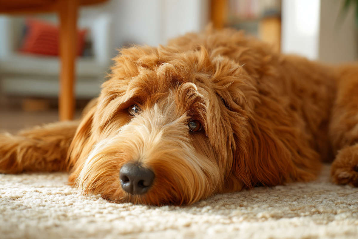 Labradoodle resolviendo un puzle de comida interactivo