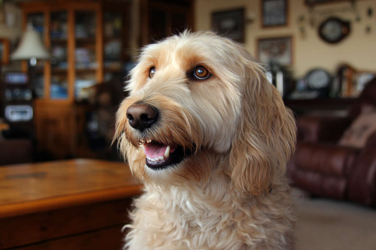 Cachorro Australian Cobberdog mirando a los ojos con ternura